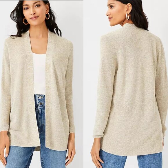 NWT Ann Taylor Shimmer Open Cardigan Sweater Tan Golden Festive XS - Picture 2 of 11